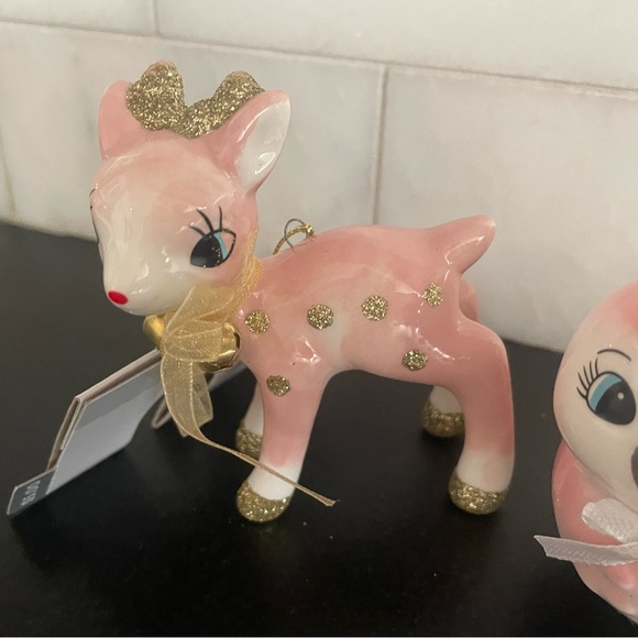 Target Wondershop Pink Bird &  Deer Ceramic Christmas Ornaments Retro NWT 2022 - Picture 2 of 5